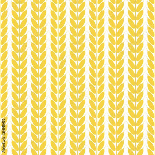Seamless pattern with yellow wheat ears. Minimalist, simple vector background. Isolated on white. Flat design. Paper, packaging, branding, textile, fabric.