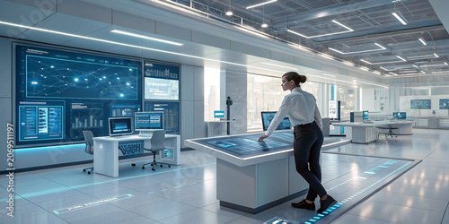 Woman interacting with futuristic digital interface in a modern hightech office environment with glowing blue screens and sleek white furniture