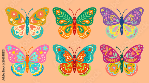 Fotografía Colorful collection of six decorative butterfly vector illustrations featuring i