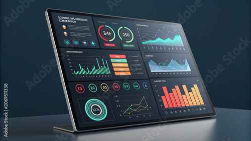 A laptop displaying a dashboard with various colorful graphs and charts on its screen standing on a table against a dark blue background