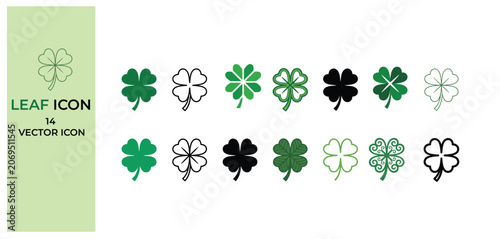 Collection of various green and black four leaf clover icons and symbols in different styles and designs