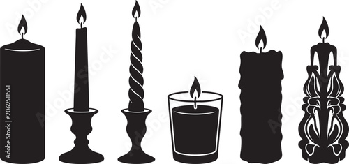 Black silhouette candles collection pillar taper twisted votive and art nouveau styles for design projects