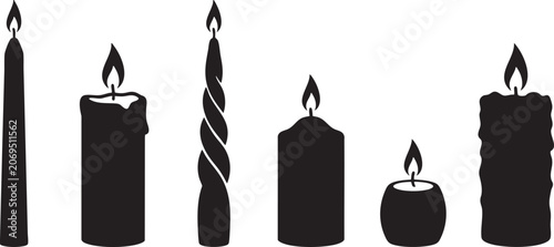 Fotografi Black silhouette candles collection taper pillar spiral and textured designs for