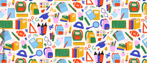 Colorful pattern of school supplies. Stationery icons for school design. Background with children's study supplies for academic projects.