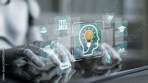 Conceptual representation of artificial intelligence and cognitive technology with robotic hands interacting with digital brain and learning icons Sigmoid