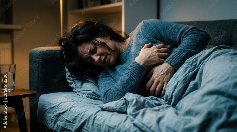 Obraz premium Woman Experiencing Chest Pain Lying Down In Bed Looking Sick