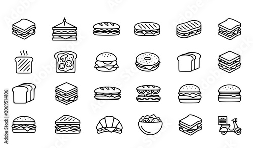 Minimal Sandwich Icon Set with Linear Food Symbols for Web and Mobile Design Vector Collection