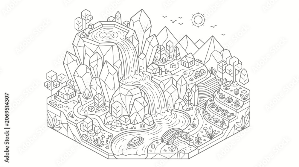 Obraz premium Isometric fantasy landscape vector line art with waterfall crystals and terraced gardens for coloring book