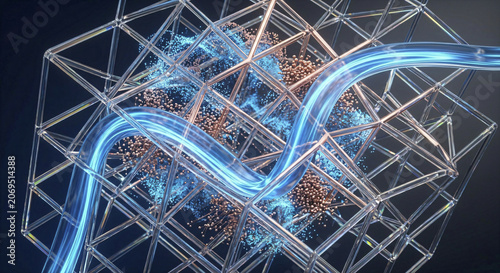 Abstract 3D Render of a Glowing Blue Light Stream Flowing Through a Complex Geometric Glass Lattice Structure