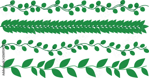 Bild auf Leinwand Set of green leaf seamless border patterns and botanical divider vectors for dec