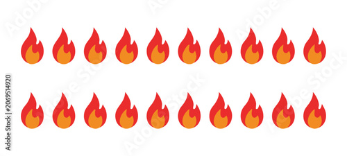 Fire emoji icon set with red and orange gradient flame shapes isolated on checkered background grid.