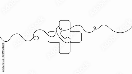 Telephone receiver single line drawing animation with healthcare cross icon on white background representing emergency service or medical support consultation