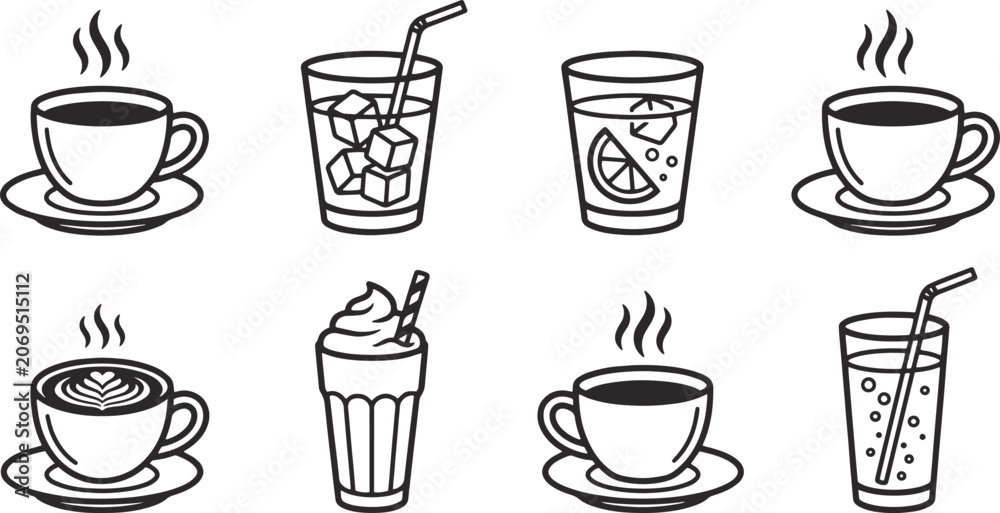 Obraz premium Hot and Cold Beverage Icon Set: Minimalist Outline Collection for Cafe Menus, Coffee Shops, and Drink Branding