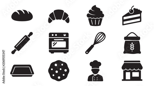 Baking icons, pastry symbols, bakery graphics, 12 black vector illustrations