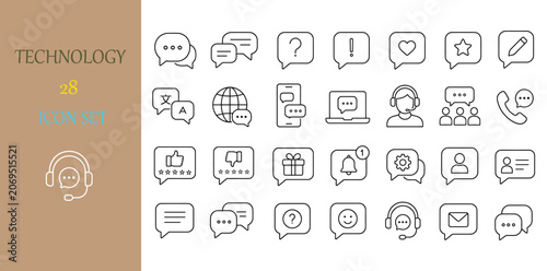 Communication and technology icon set, customer service line icons