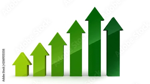 Green arrows rising in a bar chart showing financial growth