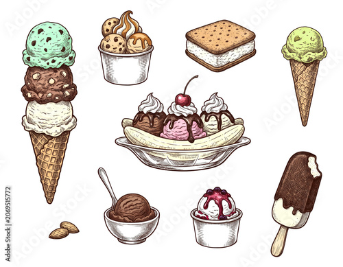 Hand drawn collection of assorted ice cream treats including waffle cones, banana split, sundae and popsicles in retro engraved illustration, isolate