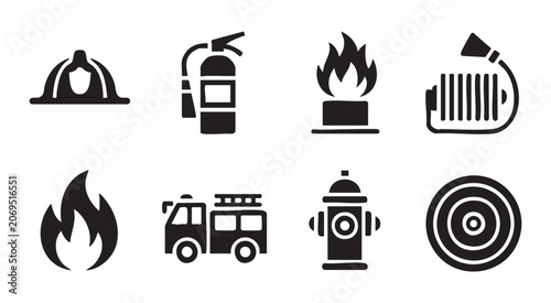 Obraz na płótnie Firefighter equipment set including helmet fire truck hydrant extinguisher and flame symbol icons