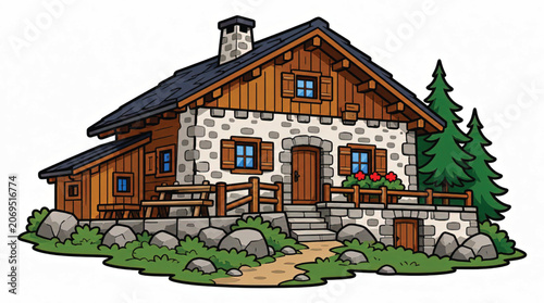 Wooden house with stone wall.