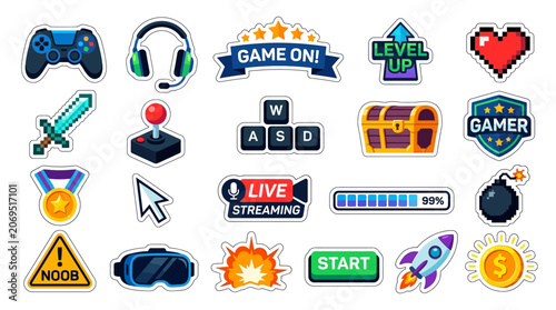 Tableau sur toile Gaming icons, video game stickers, gamer symbols, colorful set isolated on White