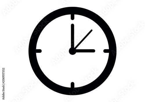 Clock icon showing time, simple round dial with hour and minute hands, vector illustration