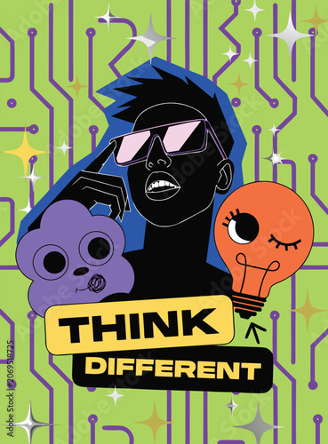 Creative Think Different Vector Poster with Silhouette Character Lightbulb and Circuit Board Bg