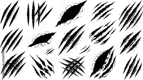 Dark beast claw slashes with ripped paper cuts, scary animal nail scratches, black monster tear marks for mystery horror Halloween vector design