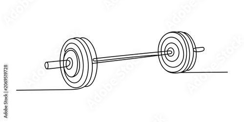 Continuous single line drawing of a heavy metal barbell with weight plates for fitness training and gym workout equipment design in a simple minimalist style Vector, illustration
