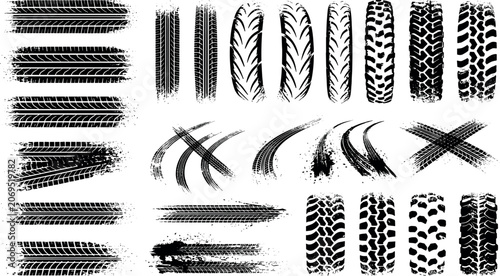 Canvastavla Dirty tire tread marks with grunge rubber texture, black wheel tracks for car, b