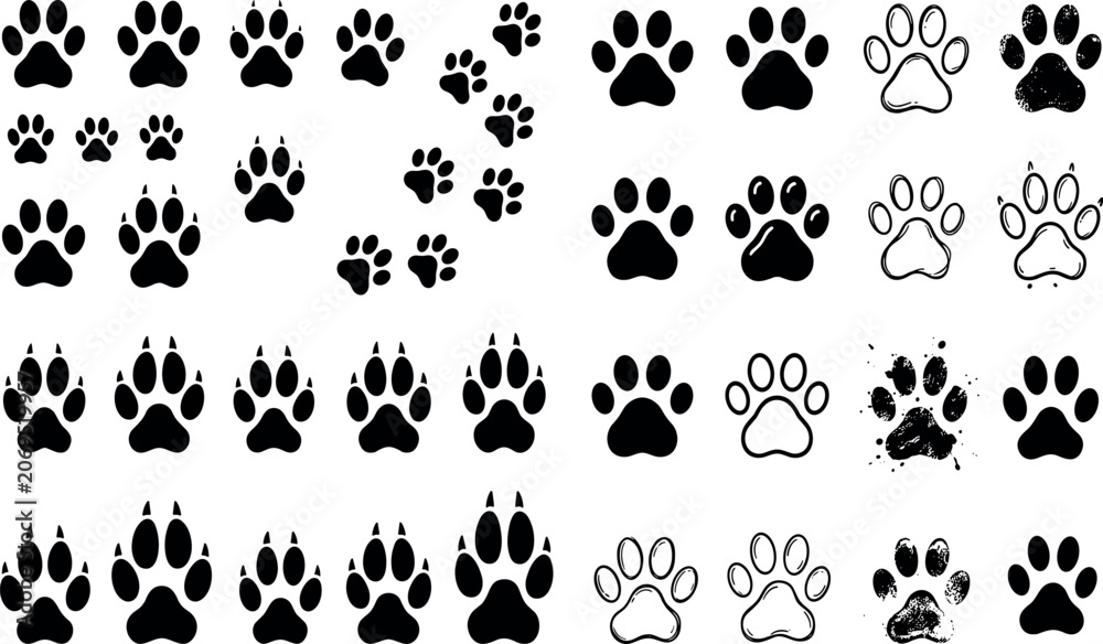Fototapeta premium Hand drawn paw print collection with cat and dog footprints, pet footstep marks, animal pad patterns and cute flat vector icons isolated on white background.