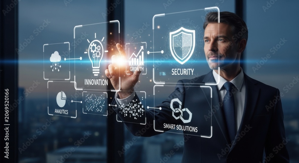 Fototapeta premium Man touching holographic screen with business icons