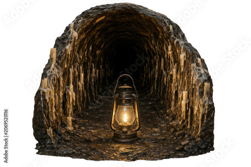 Lantern lights a rocky cave with melted candles.