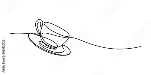 Fotografie Continuous single line drawing of a coffee cup with a saucer for a hot beverage