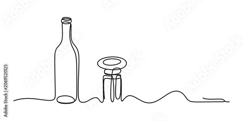 Tableau sur toile Continuous single line drawing of a tall glass bottle and a small drinking cup f