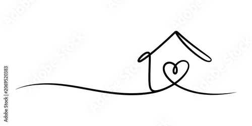 Continuous single line drawing of a simple house shape with a heart symbol inside representing a happy home concept and love for real estate and family life Vector, illustration