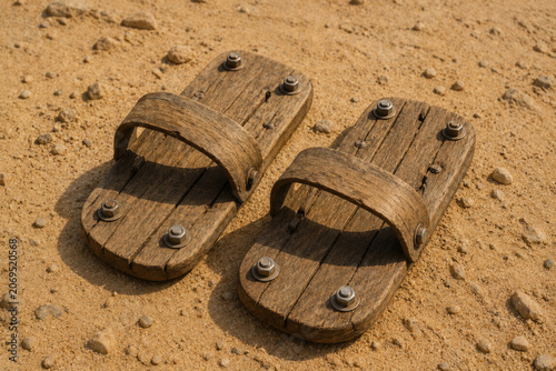 A pair of rustic wooden sandals lies on dusty ground.