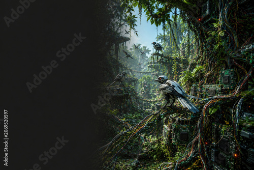 Robotic birds perch among circuit boards in a green jungle. Space for text.