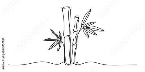 Konstfotografi Continuous single line drawing of bamboo stems with green leaves in a minimalist
