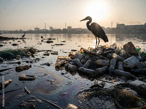 Heron Amid Plastic In Polluted River
