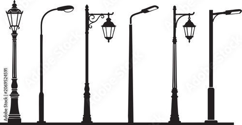 Fotografía Silhouettes of six diverse street lamps vintage modern and decorative outdoor li