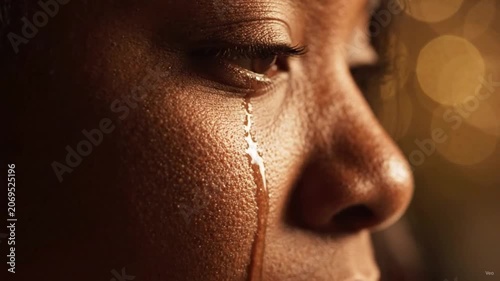 Close up of crying woman eye with tear tracking down face for world mental health day awareness