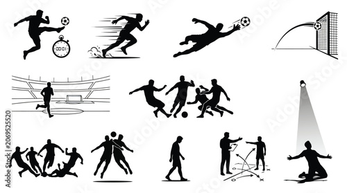 Tableau sur toile Soccer player silhouettes with stadium and time elements black on white backgrou