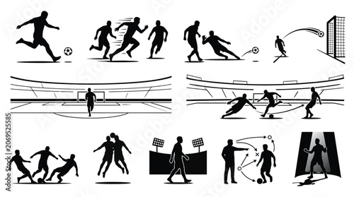 Bild auf Leinwand Soccer players in action black silhouette vector illustration set on a white bac