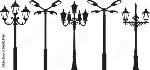 Konstfotografi Variety of street lamp silhouettes vintage gaslights and modern led fixtures iso