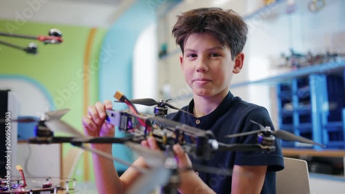 Tracking shot boy holding quadcopter drone and examining electronics in colorful classroom makerspace with subtle dolly pan.