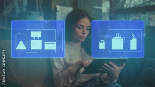 Woman thoughtfully examines and selects products with digital overlays and visual cues in contemporary living space