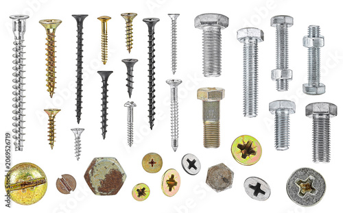 Set of various screws and bolts isolated on a white background. Self-tapping screws, black, white, gold color, galvanized screw, zinc-aluminum coated and hex bolts. Mechanical works objects.