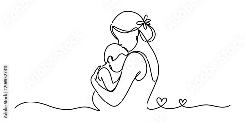 Foto Continuous single line drawing of a loving mother holding her small baby child w