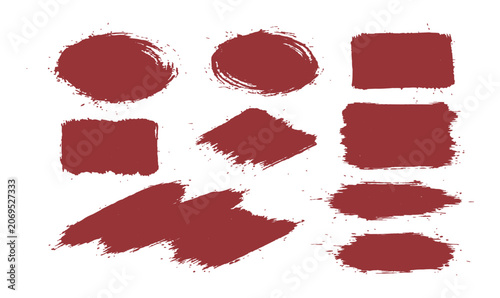 Red Grunge Paint Brush Stroke Shapes Vector Set.