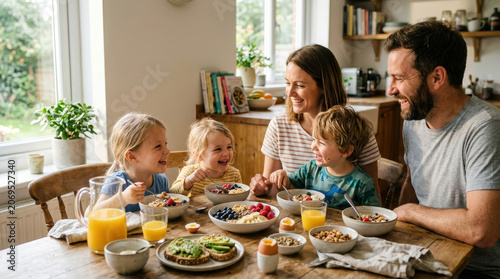 Family Enjoying Healthy Breakfast Together at Bright Dining Table in Cozy Home